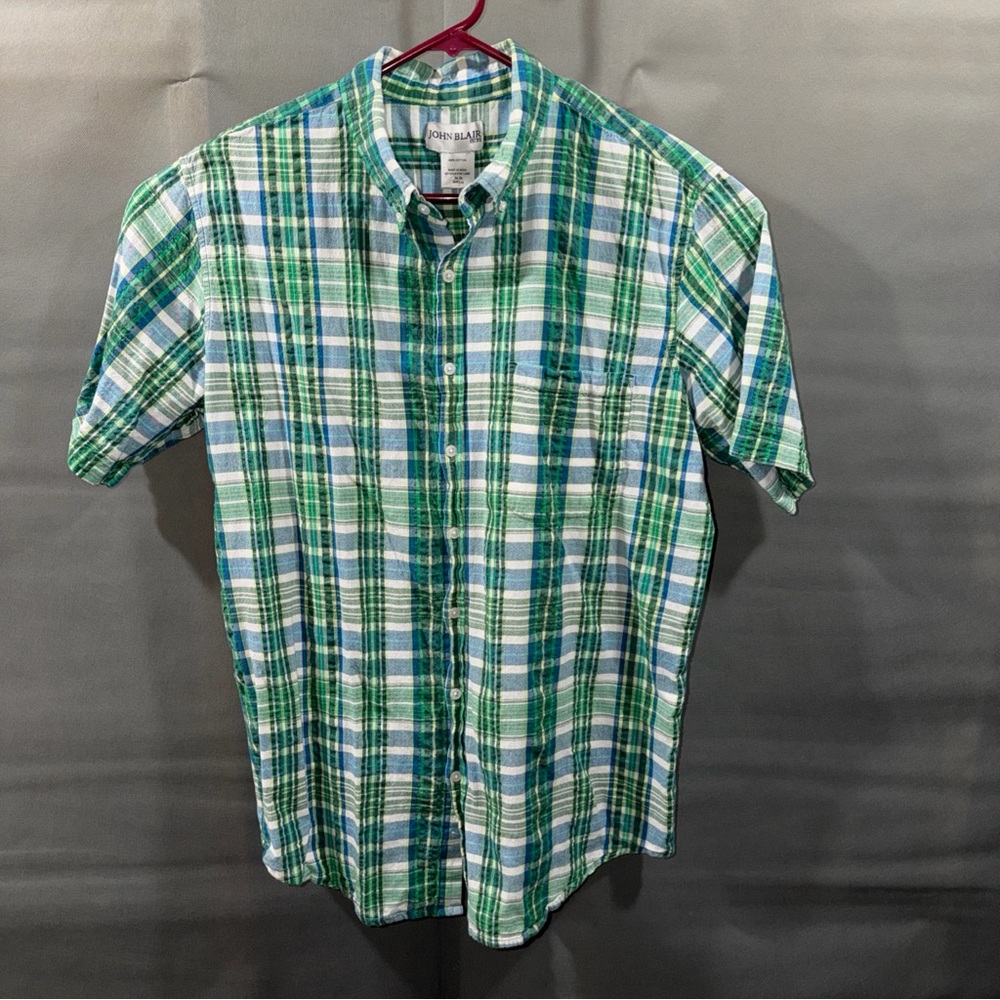 John Blair Mens Green Plaid Short Sleeve Button Up Shirt W/ Pocket